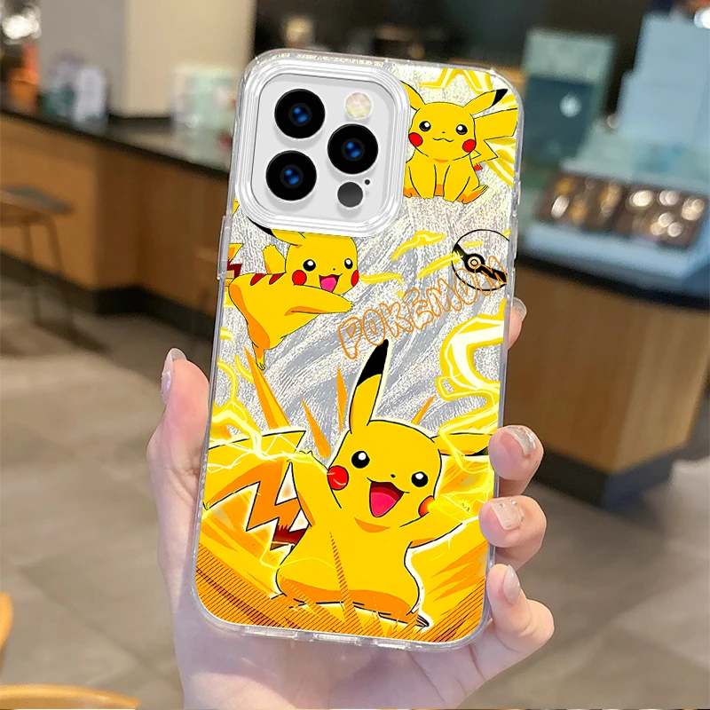 Funda de teléfono de dibujos animados de Pokemon Pikachu para iPhone 16 15 14 13 12 11 8 7 6 Pro Max Plus XS XR cubierta trasera dura a prueba de golpes de hilo de plumas - imagen 4