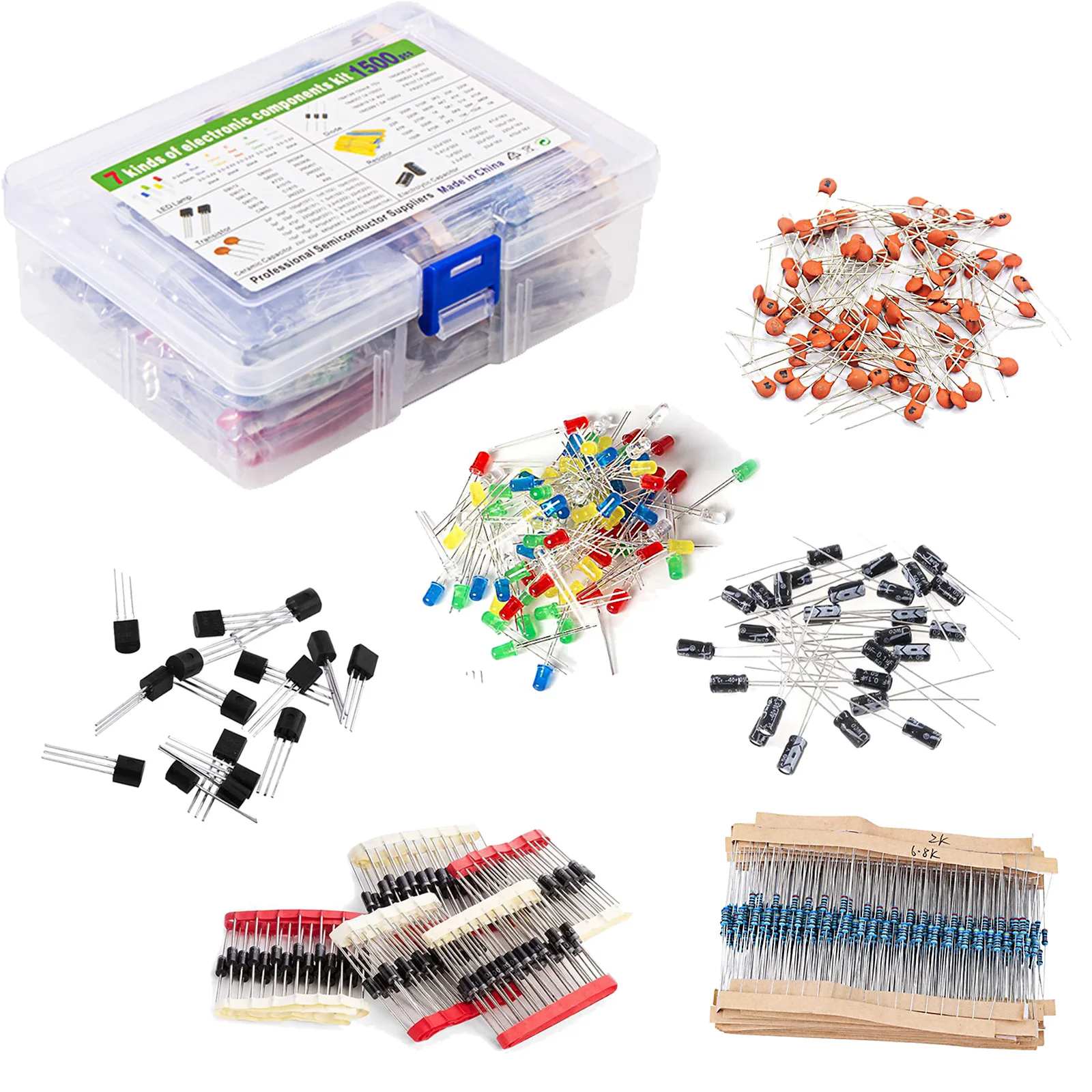 Kit surtido de componentes electrónicos, condensadores, rectificador de diodo Led, Transistor de resistencia para Arduino, proyecto de bricolaje, 1500 piezas