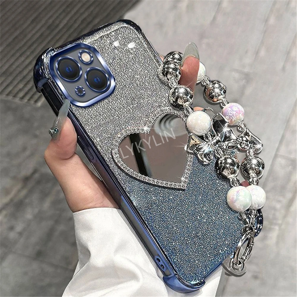 Funda de teléfono de lujo con pulsera a prueba de golpes para Samsung A53 A52 A32 A13 A23 A33 A73 A12 A22 A03 Core A51 cubierta de espejo de corazón brillante - imagen 5