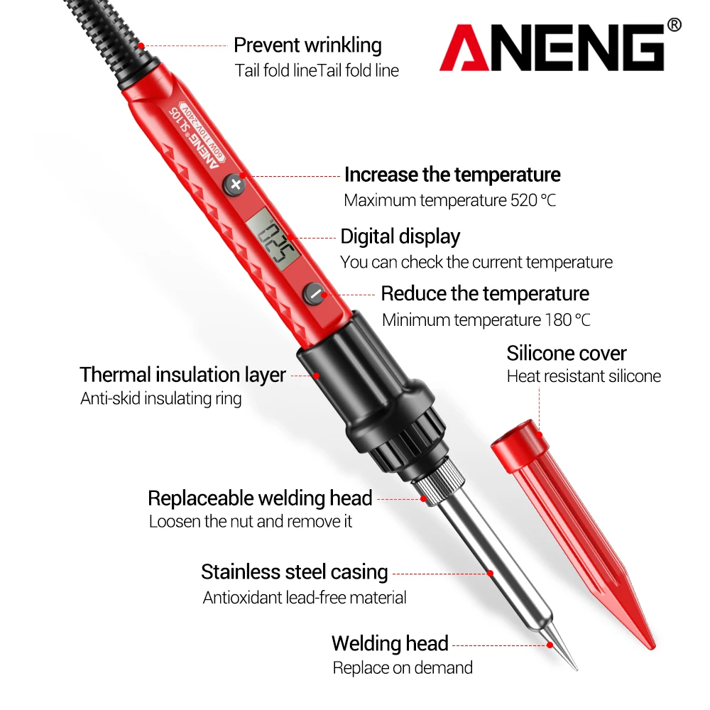 Hierro de soldadura eléctrico 60W ANENG SL105 pantalla digital temperatura ajustable SL104 botón de ajuste Calefacción rápida Hierro eléctrico Kit profesional portátil Electricio Herramientas de reparación de soldadura - imagen 5