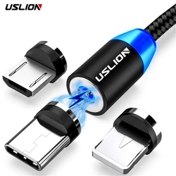 USLION-Cable USB magnético para iPhone 14, 13, Xiaomi, Samsung, Cable tipo C LED, carga rápida de datos, Cable Micro USB