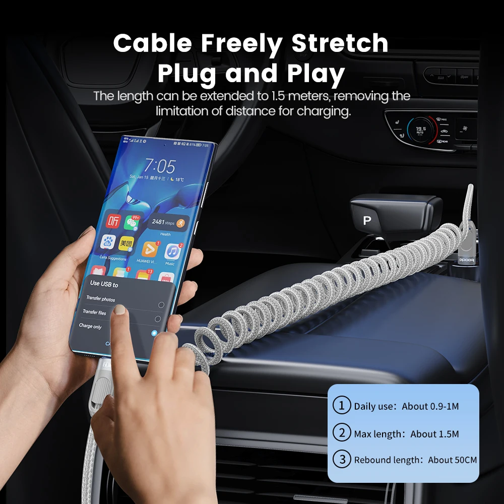 Toocki PD 60W USB C a USB C Cable de carga rápida tipo C Cable USB de resorte para coche para iPhone 17 16 15 Pro Max Xiaomi Samsung S23 SS24 - imagen 5