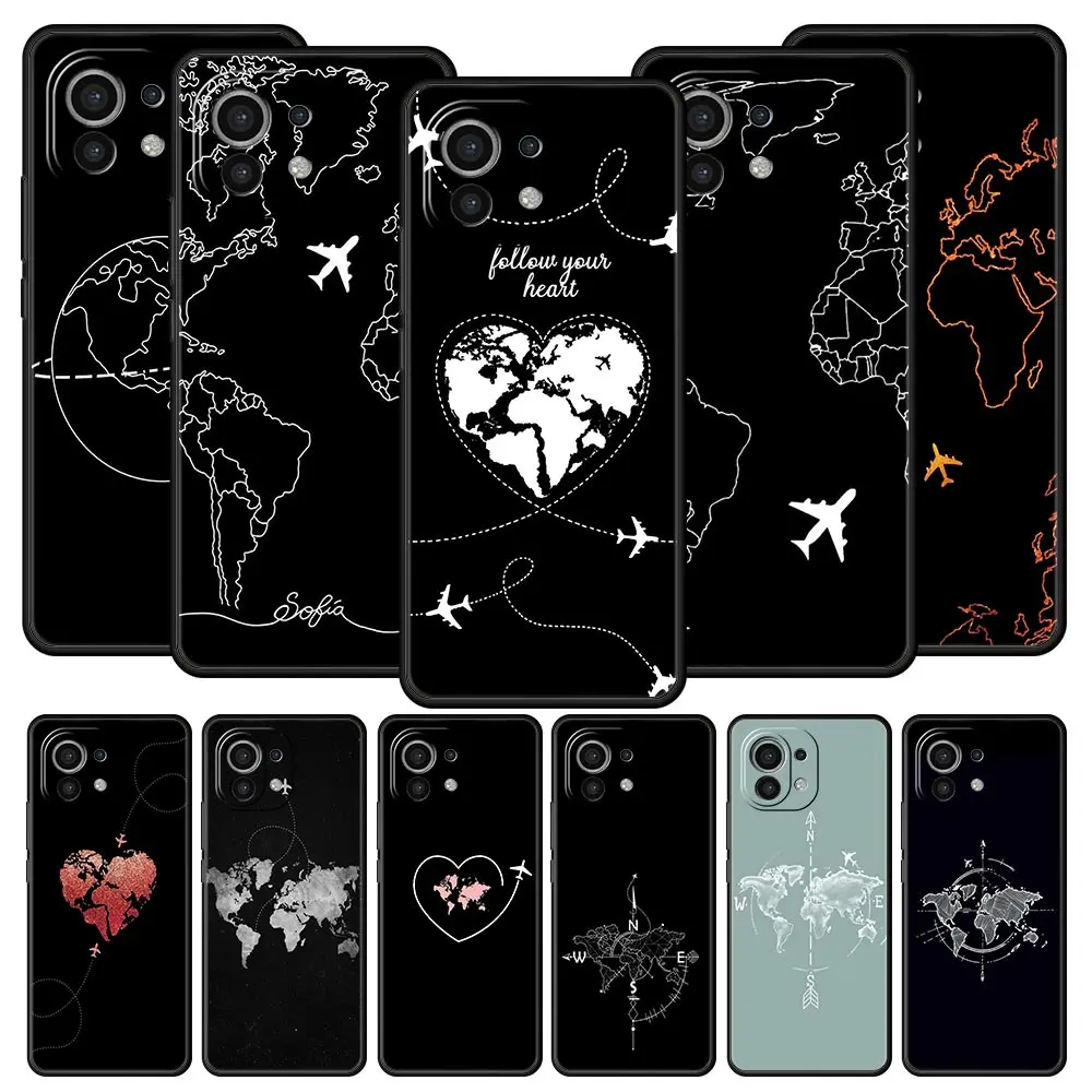Funda de dibujos animados con mapa del mundo, carcasa con dirección de paisaje para Xiaomi 14, 13T, 12T Pro, 12, 13, 11 Ultra, Mi Note 10 Lite, 10T, 5G Pro, 11T, 11i, 9T