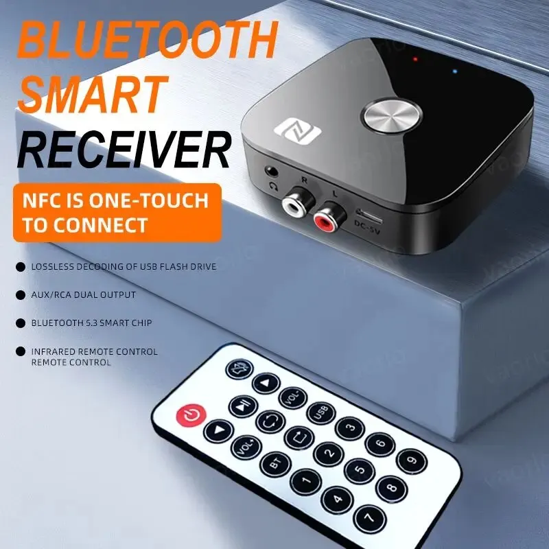 Receptor de Audio NFC Bluetooth 5,3, adaptador inalámbrico de música HIFI estéreo AUX R/L RCA de 3,5mm con micrófono, USB, reproducción de disco en U, Control remoto - imagen 5