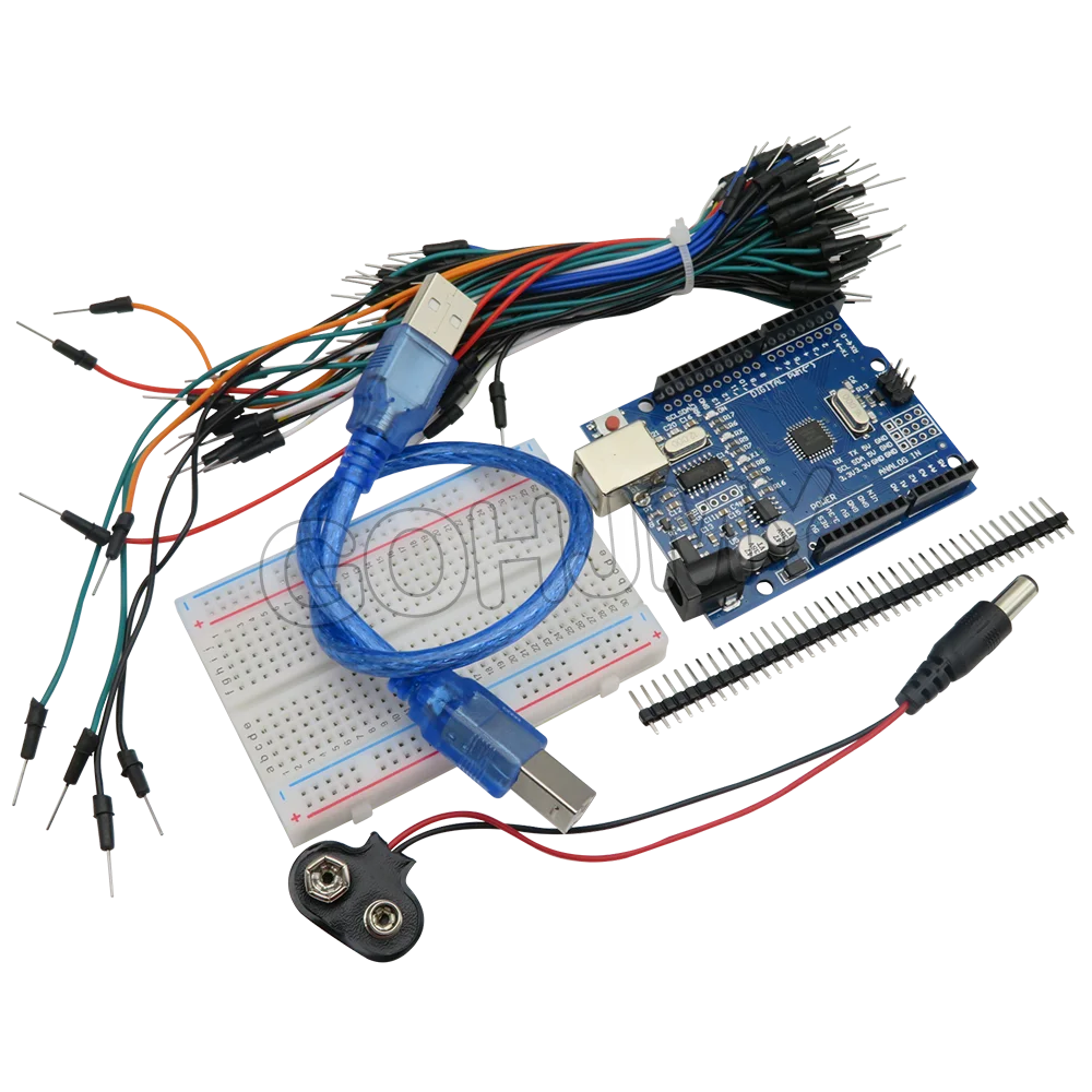 1 Uds GOHJM Starter Kit para arduino Uno R3-paquete de 5 artículos: Uno R3 Cables de puente de placa de pruebas Cable USB y conector de batería de 9V - imagen 3