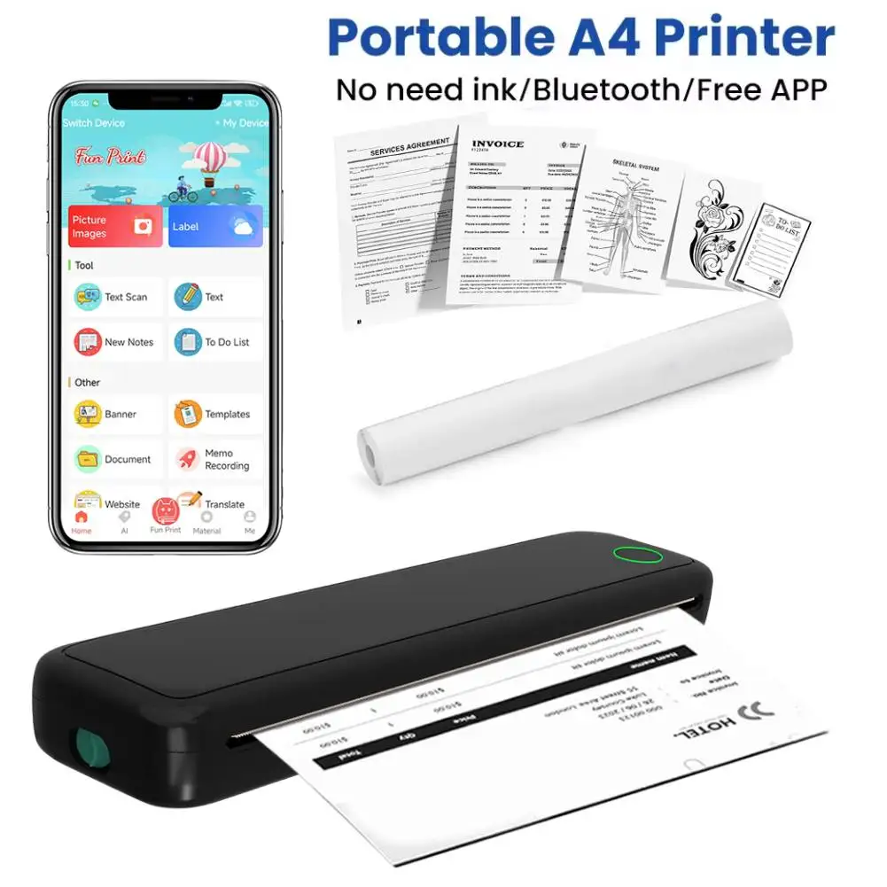 Nueva impresora portátil A4, impresora térmica inalámbrica, compatible con teléfono, PC, sin tinta, Bluetooth, máquina de impresión móvil para viajes, trabajo, hogar
