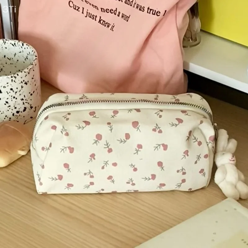 Bolsa para bolígrafos con estampado Floral de dibujos animados, bolsa de papelería para estudiantes, estuche para lápices de gran capacidad, organizador de papelería multifuncional