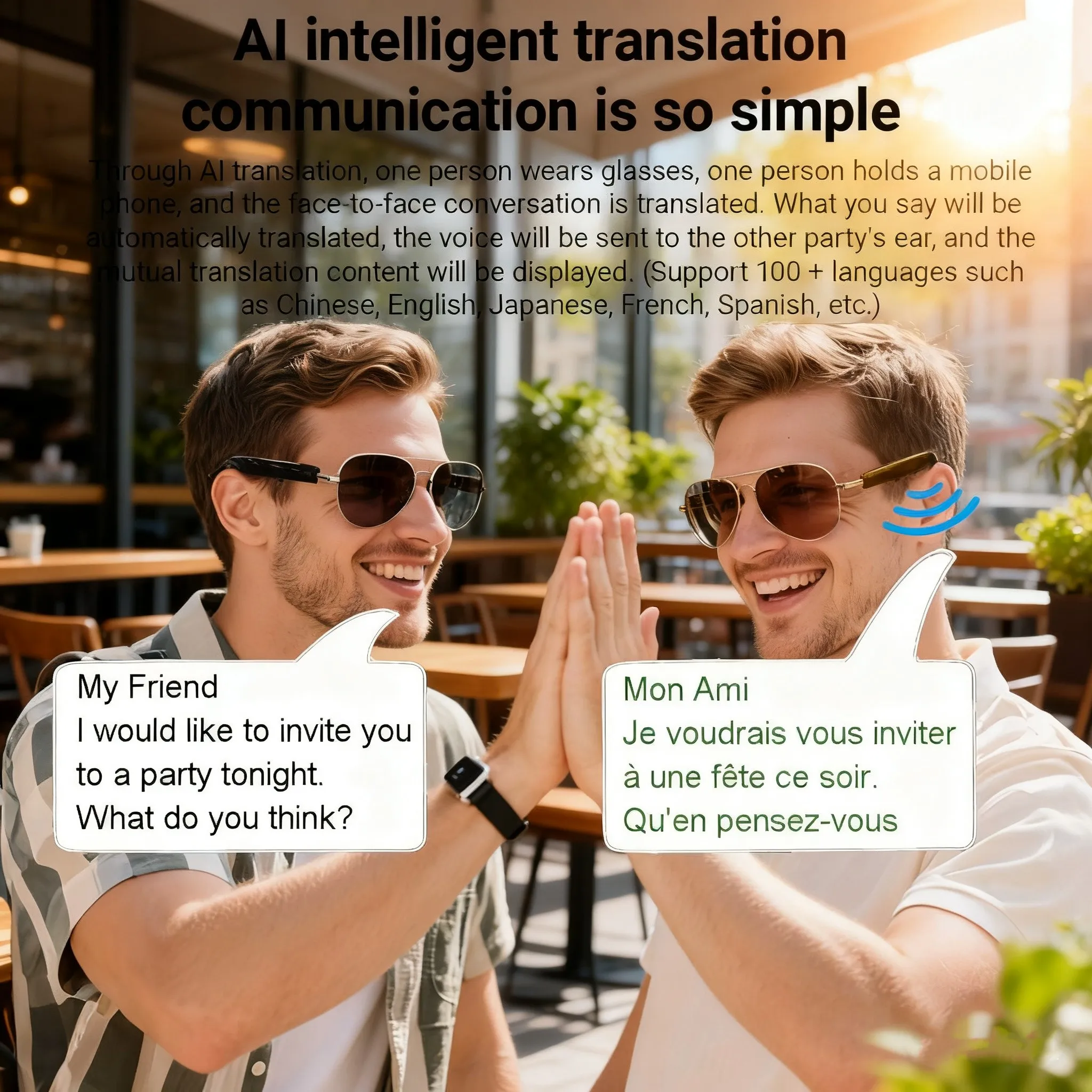 Gafas con traducción inteligente AI, asistente de voz, reproducción de música, recibir llamadas, más de 100 idiomas, gafas BT TWS para hombres y mujeres - imagen 2