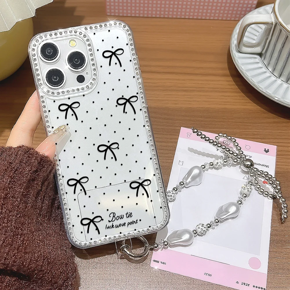 Funda de teléfono con nudo de lazo y cordón de diamante para iPhone 17 16 Pro Max 11 13 15 14 12 Air 17promax, Funda transparente a prueba de golpes - imagen 2