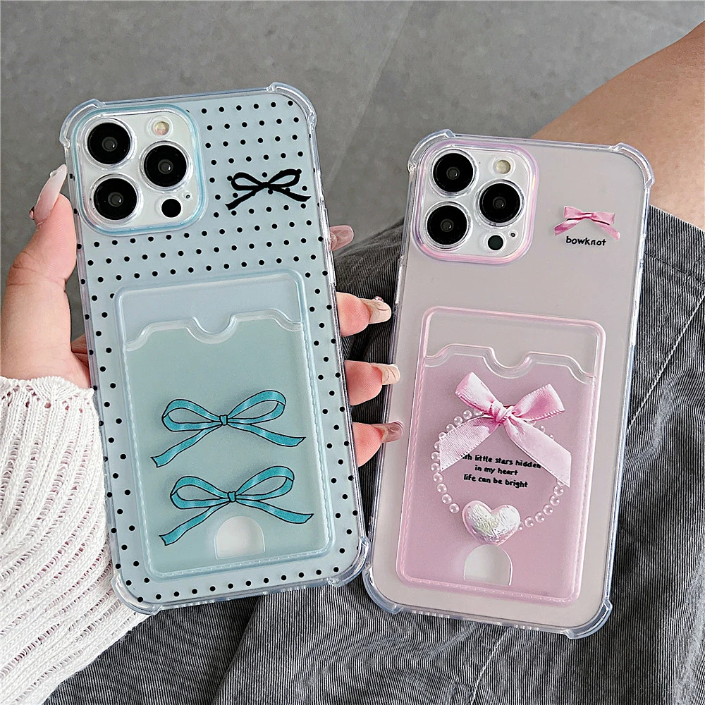 Funda de teléfono con soporte para bolsa con ranura para tarjetas para Xiaomi Redmi Note 14 13 Pro 4G 5G Plus 12 11 10 11S 10S 9S 8 Pro, funda suave transparente con bonito lazo - imagen 2