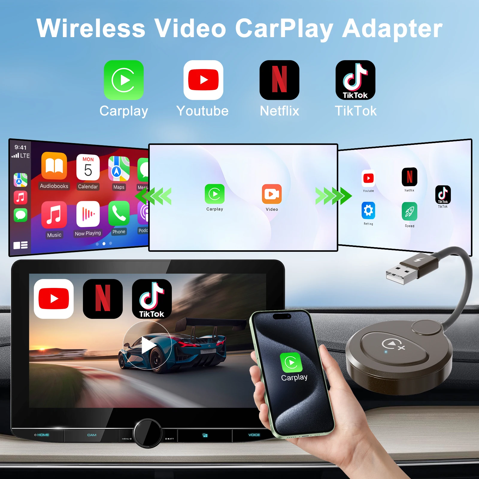 Adaptador inalámbrico Carplay con Youtube/Netflix/Tiktok, Dongle USB Carplay inalámbrico para Carplay con cable de fábrica a Wireless - imagen 3
