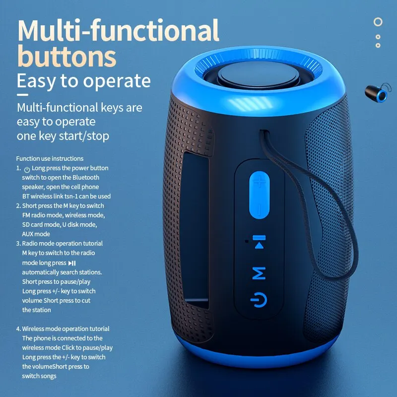 Altavoz portátil TSN-1, inalámbrico por Bluetooth, con 5,3 modos ESTÉREO FM/SD/disco USB/Aux, resistente al agua, sonido Hifi para exteriores - imagen 5