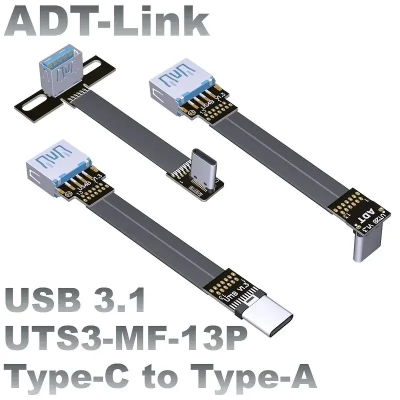 ADT-Link 3A USB 3.1 Tipo-C Macho a USB-A Hembra A Doble 90 °   Cable de datos de carga rápida USB 3.1 en ángulo hacia arriba y hacia abajo FPV FPC plano de cinta - imagen 3