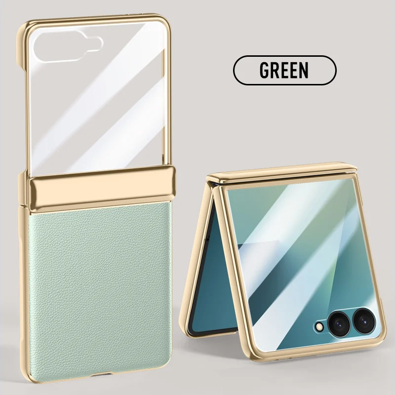 Funda de teléfono con película protectora de pantalla de cuero PU con bisagras de resorte electrochapadas de lujo para Samsung Galaxy Z Flip7 flip 7 cubierta a prueba de golpes