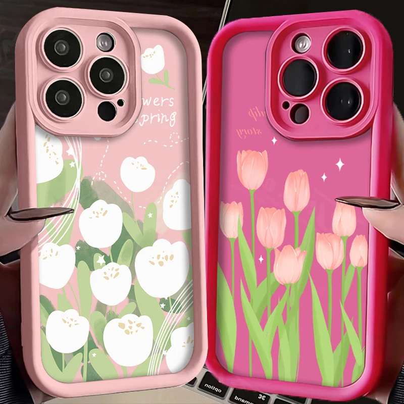 Funda de silicona para teléfono Samsung Galaxy, carcasa con diseño de flor de tulipán blanco y rosa para S24 Ultra S23 FE S22 S21 Plus FE A54 A34 A14 A73 A53 A33 5G
