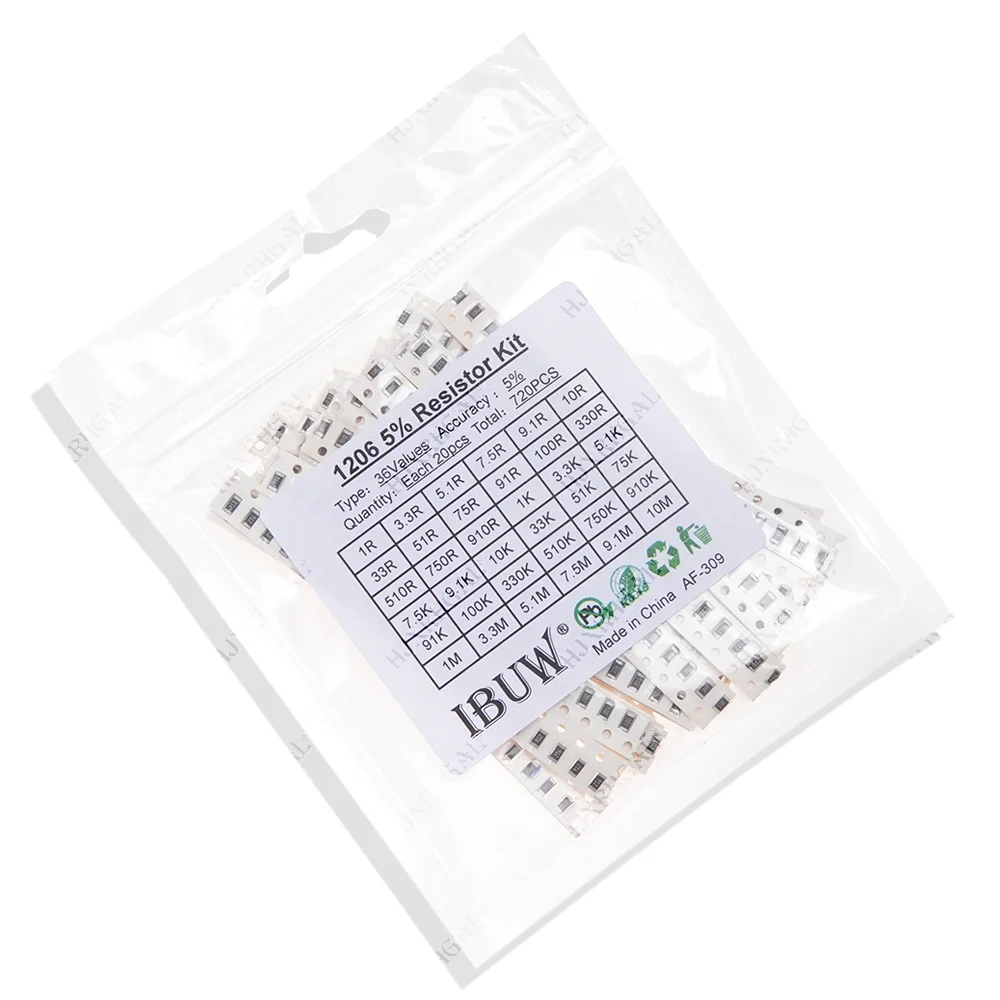 36 Valor * 20 piezas = 720 piezas 1206 Kit de resistencia SMD 1/4W 0,25 W 5% 1 ohm ~ 10 Mohm componente kit diy nuevo y original - imagen 3