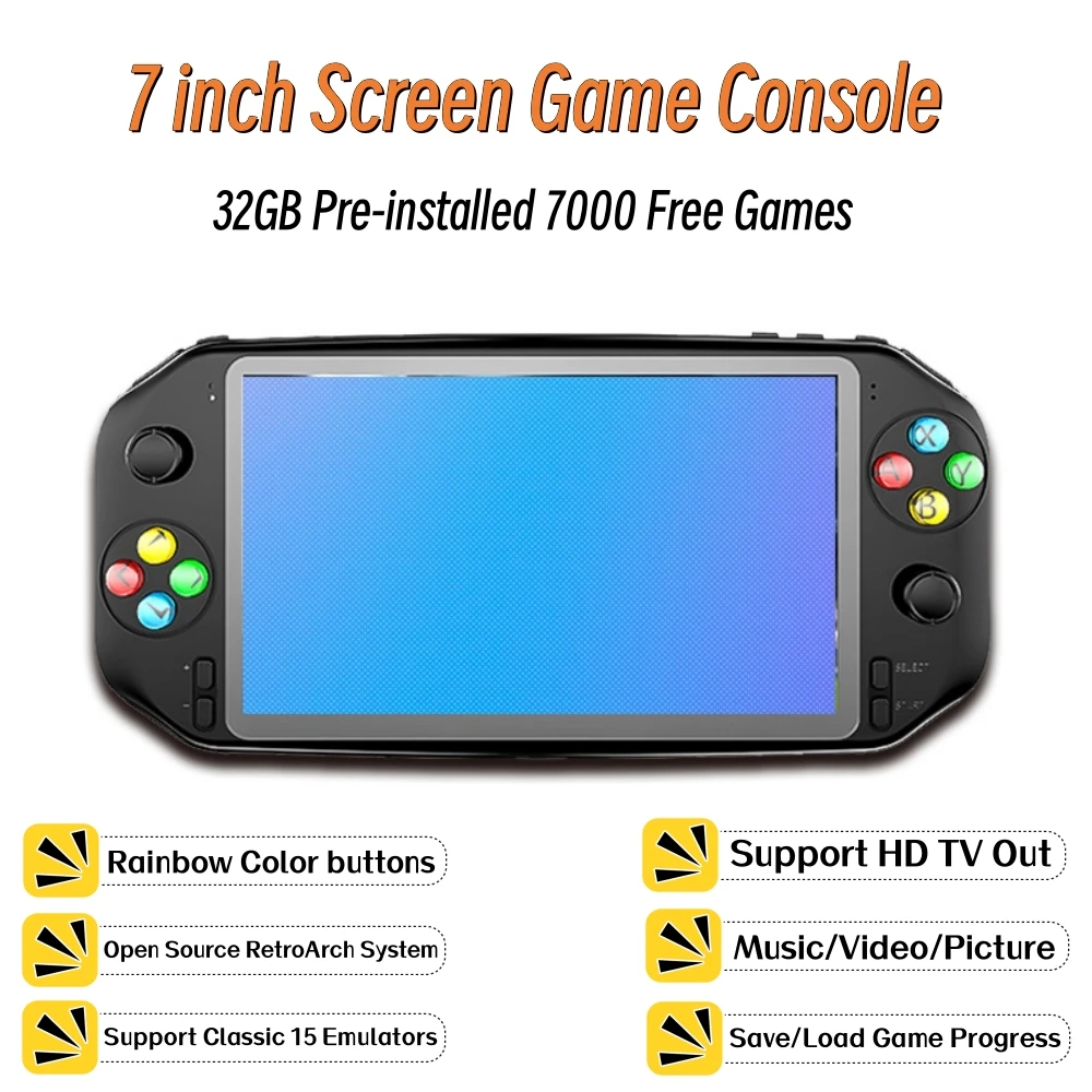 Consola de juegos portátil con pantalla grande de 7 pulgadas, 32GB, 7000 juegos gratis para PS/MAME/Arcade