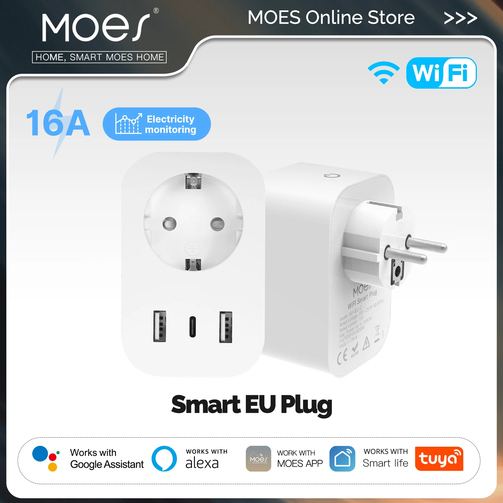 MOES Tuya WiFi enchufe inteligente 16A enchufe de la UE 2USB 1TypeC carga rápida Monitor de electricidad funciona con Alexa Google Home