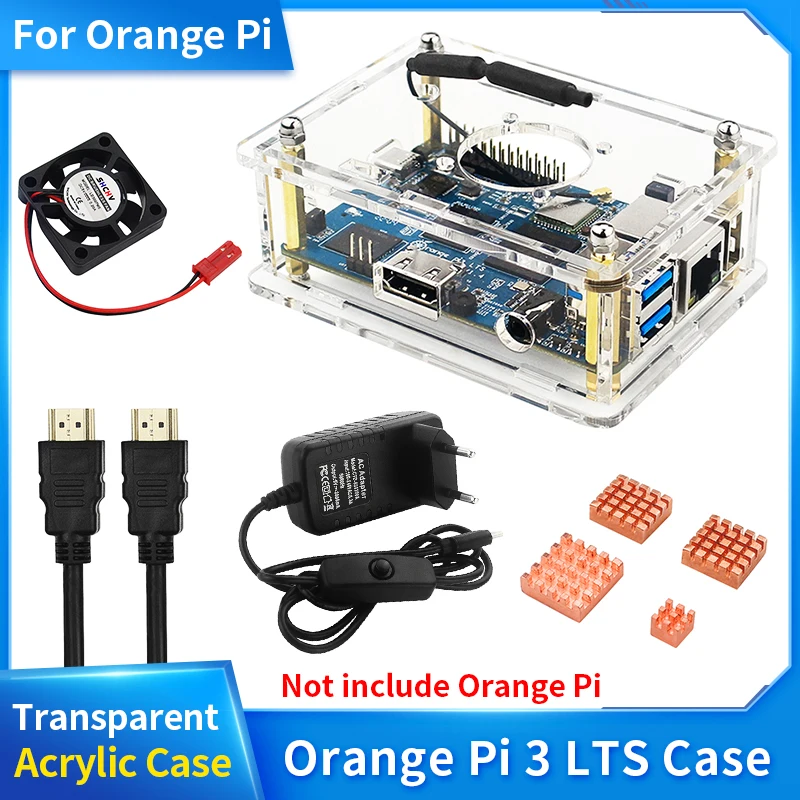 Orange Pi 3 LTS-carcasa acrílica para tranparente, disipador de calor de ventilador frío opcional, 5V, 3A, Power Suppy, carcasa transparente para Orange Pi 3 LTS