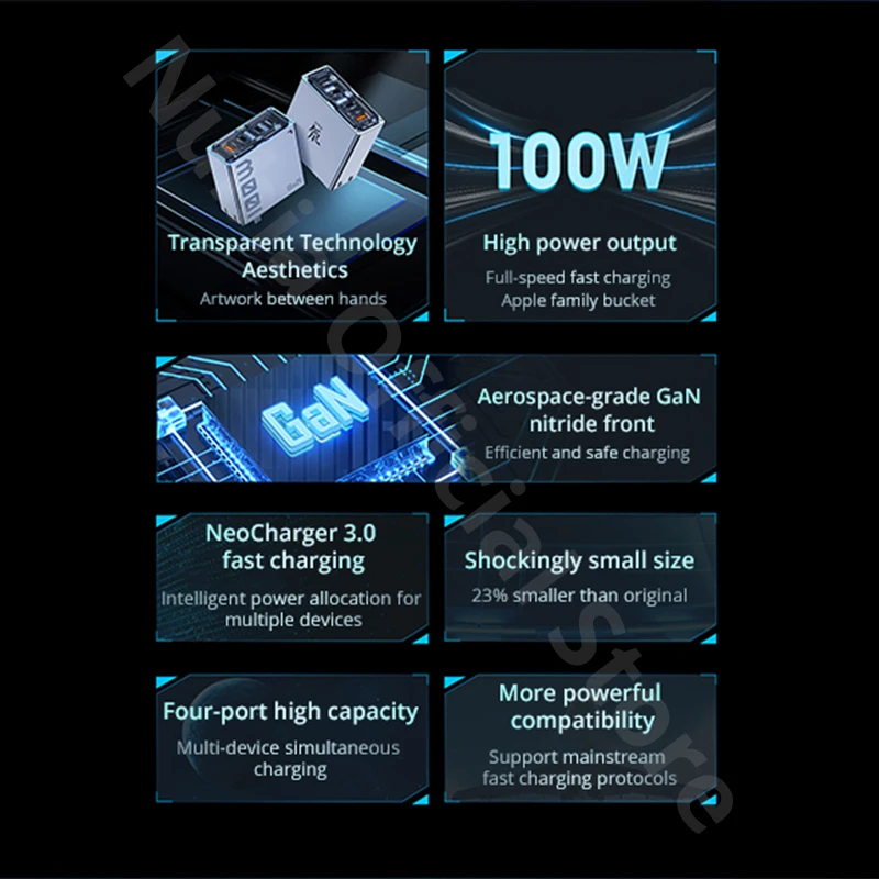 Nubia Dao-cargador rápido de 4 puertos GaN 3 Pro, cargador de energía máxima de 100W, 5A, 100W, línea de datos Dual tipo C, compatible con Explore Editi, PA0223B - imagen 2