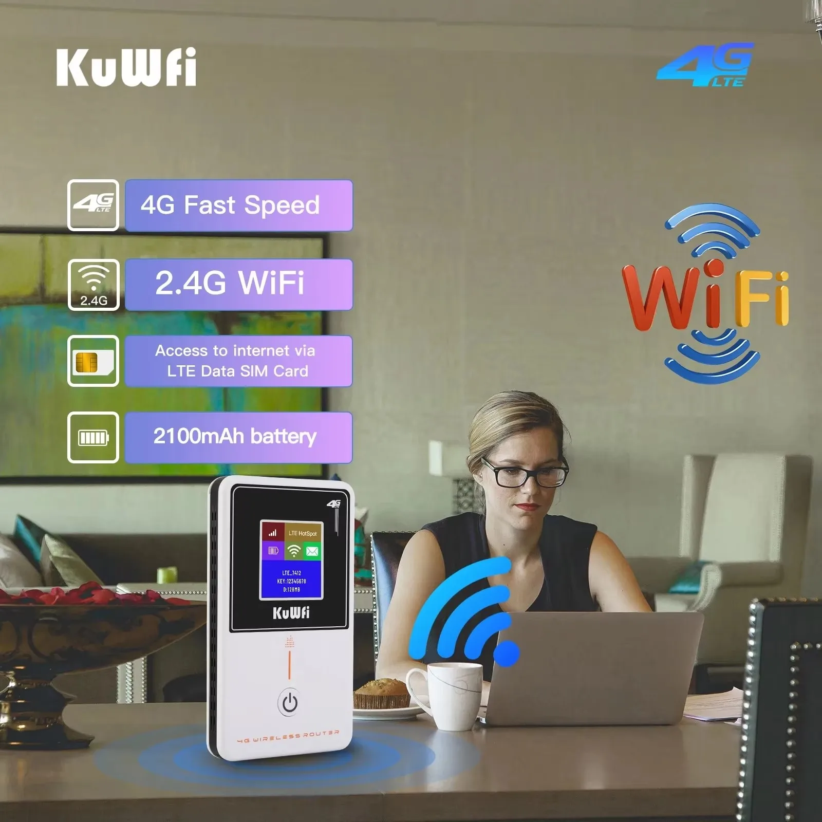 KuWFi 4G LTE Router Wifi de bolsillo 150Mbps enrutador inalámbrico portátil módem de punto de acceso con ranura para tarjeta SIM compatible con Firewall WPS 2100mAh - imagen 2