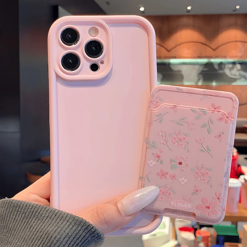 Funda de teléfono con bolsillo y ranura para tarjetas con flores rosas bonitas para iPhone 17 16 15 14 13 12 11 Pro Max 7 8 Plus X XS, funda de silicona a prueba de golpes - imagen 3