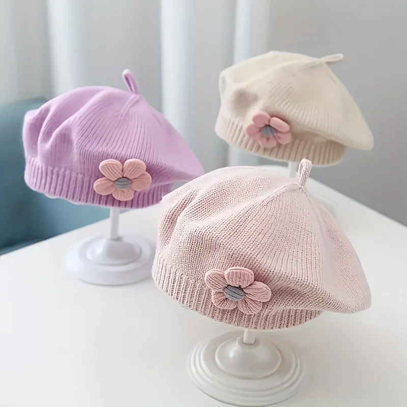 Gorro de boina de flores para bebé, gorro de punto cálido para invierno para niñas pequeñas, gorros de pintor de Color sólido de artista de princesa coreano para niños pequeños
