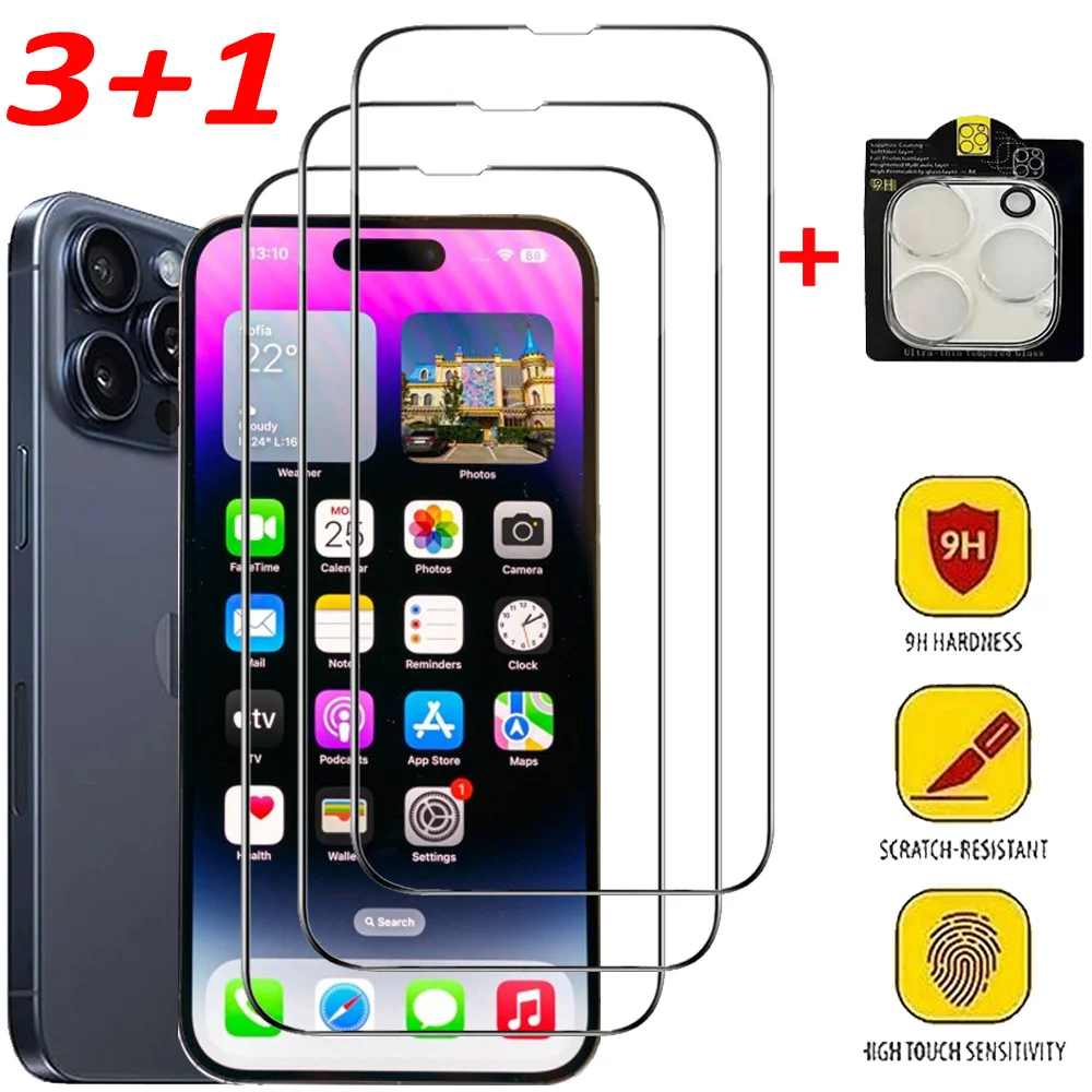 3+1 Vidrio Templado Para iPhone 17 16e 16 15 14 13 Pro Max Protectores de Pantalla IPhone 16 15 14 Plus Película Protectora iPhone 11 13 12 Mini Película iPhone 16e película para de cámara iPhone16 Glass