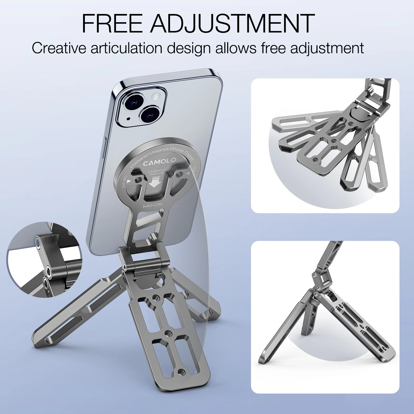 Soporte magnético para teléfono CAMOLO, trípode Magsafe con zapata fría Arca-Swiss para teléfono Vlog, soporte plegable para teléfono de escritorio para viaje - imagen 3