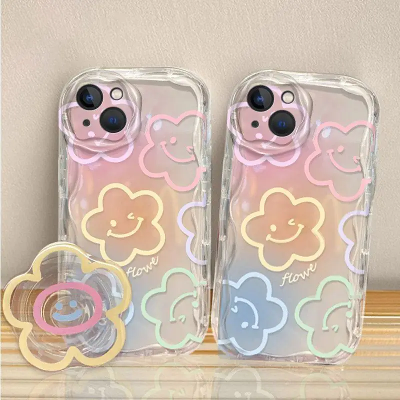 Funda de teléfono con borde ondulado color crema con estampado Floral transparente para Iphone 15 Pro Max 11 12 13 14 15 16 Pro Max 16Pro con bonita funda Chian de flores - imagen 3