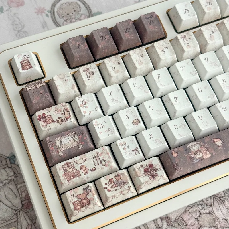 Juego de teclas Little Bear Tea Break, teclas de teclado de perfil personalizado PBT Cherry MOA para juegos, accesorios de teclado mecánico de oficina - imagen 3