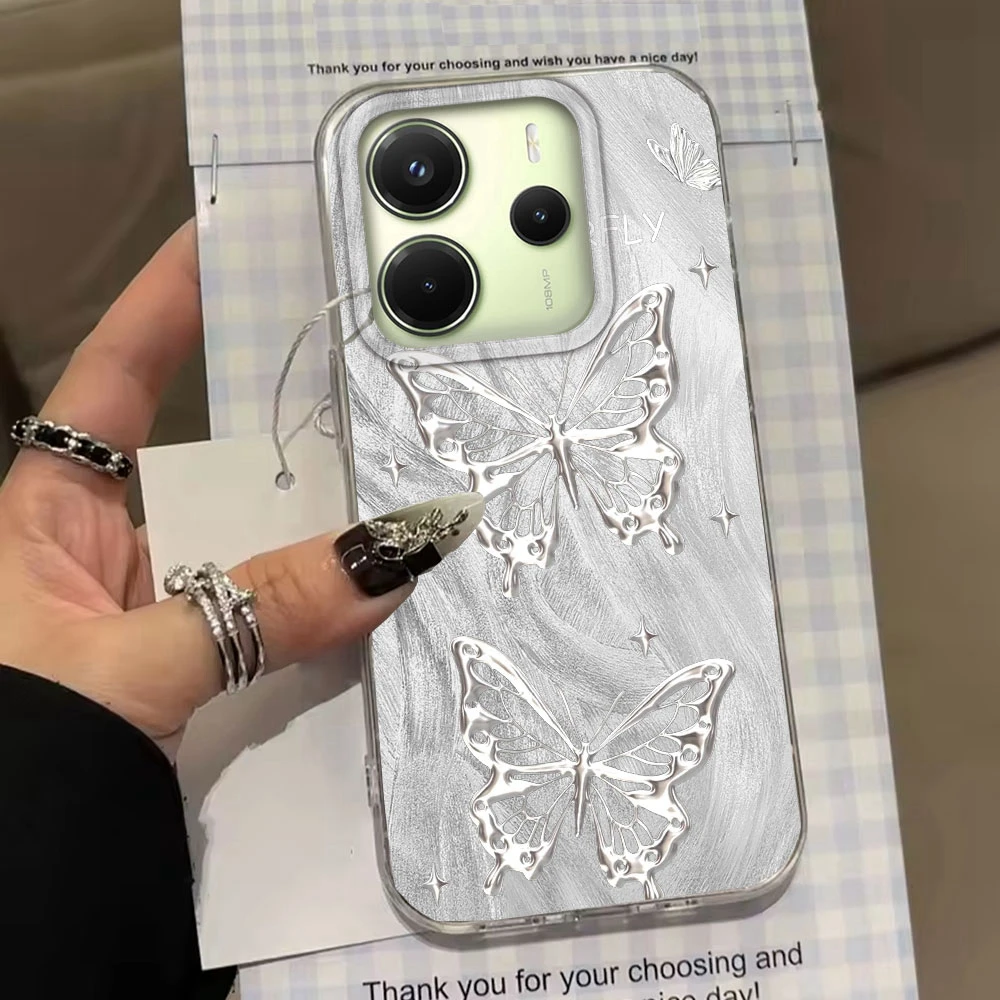 Funda de teléfono para chicas y mujeres con mariposa plateada láser para Xiaomi Redmi Note 14 13 12 11 11S 10 9 8 Pro 9C 13C 14C A5 A3 A4 A3X A1 - imagen 5
