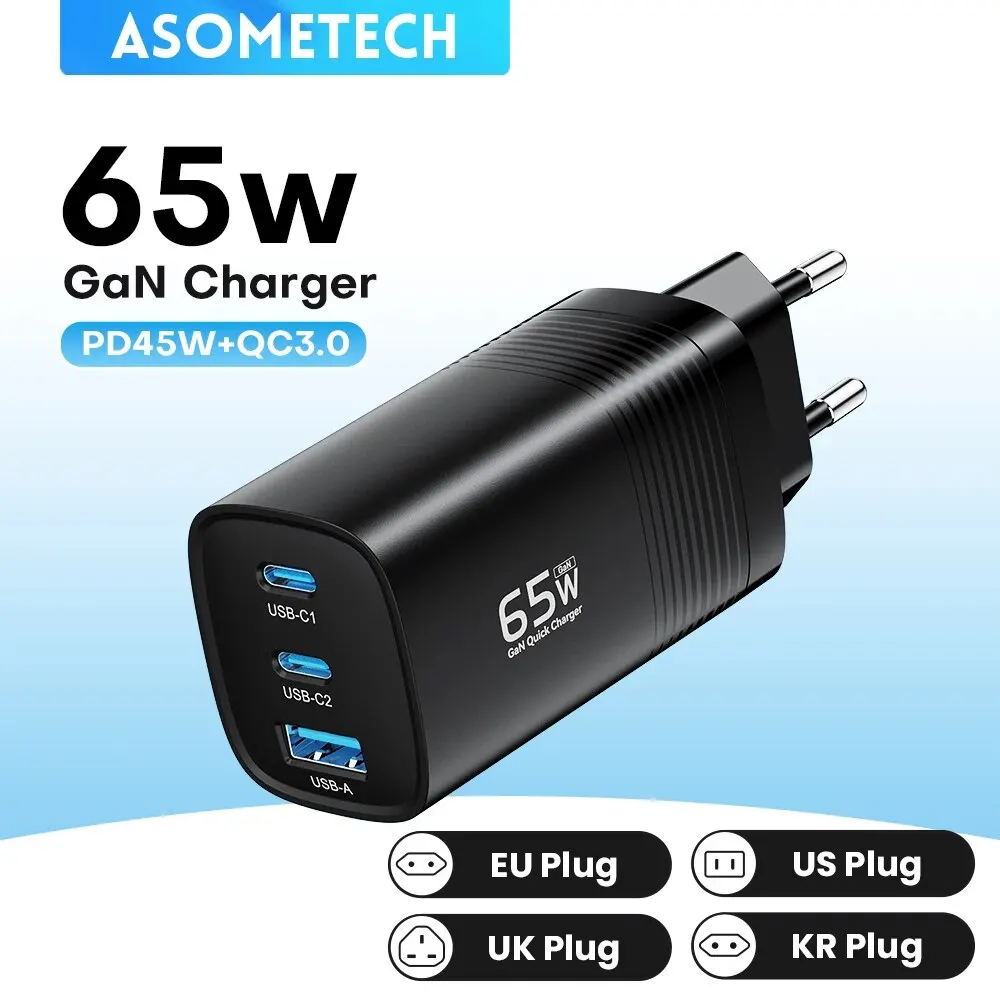 Cargador ASOMETECH GaN USB tipo C 65W 45W PPS PD QC4.0 cargador rápido para Macbook portátil IPAD tableta iPhone 16 Samsung S23 Ultra
