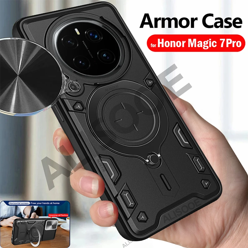 Armadura Funda para Honor Magic 7 Pro Funda deslizante anillo de cámara soporte protección Funda de teléfono para Honor Magic 7 Pro 5G Capa a prueba de golpes - imagen 2