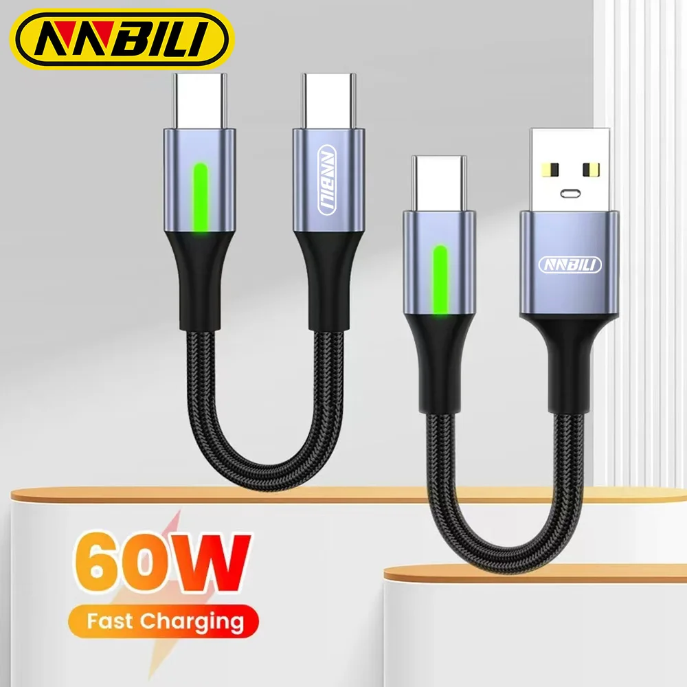 NNBILI 60W carga súper rápida USB USB C a tipo C 0,25 m-0,5 m banco de energía Cable corto iluminación Cable de teléfono para Iphone 16 17 Samsung