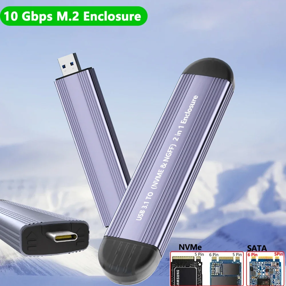Funda M2 SSD de 10Gbps para M.2 NVMe NGFF SATA SSD, adaptador de carcasa USB 3,2 Gen2 USB C, caja externa compatible con cubierta de Metal M2