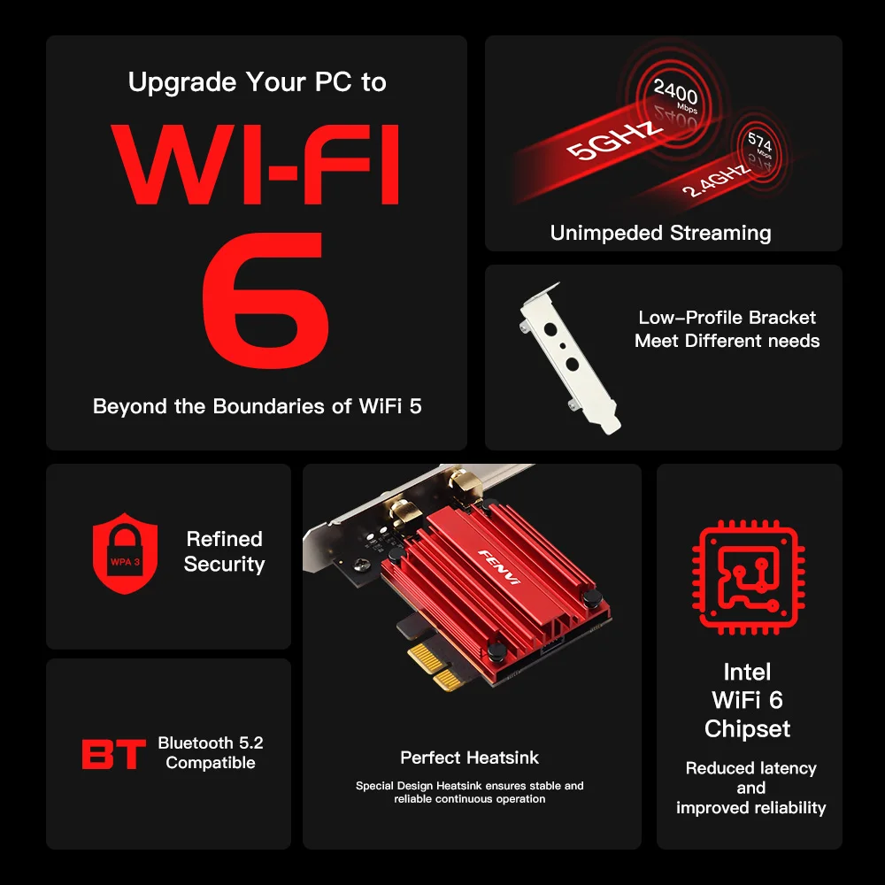 Adaptador de tarjeta de red inalámbrica WIFI 6, 1800Mbps, Bluetooth 5,2, banda Dual, 2,4G/5GHz, 802.11AX, PCI-E, Windows 10/11, PC - imagen 3