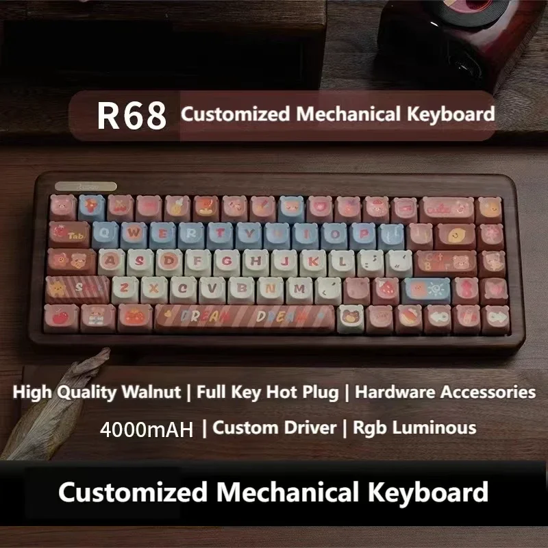 Kit de Teclado mecánico de madera de nogal R68, junta de intercambio en caliente, juego ergonómico RGB, Teclado mecánico personalizado, trimodo inalámbrico