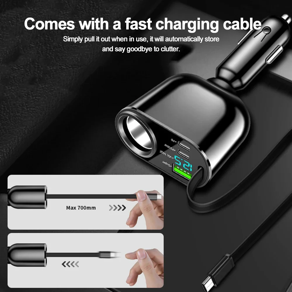 Cargador de coche 5 en 1 de 66W, adaptador de encendedor de cigarrillos retráctil para coche, Cable de cargador rápido USB tipo C para IPhone, Xiaomi, Huawei y Samsung - imagen 3
