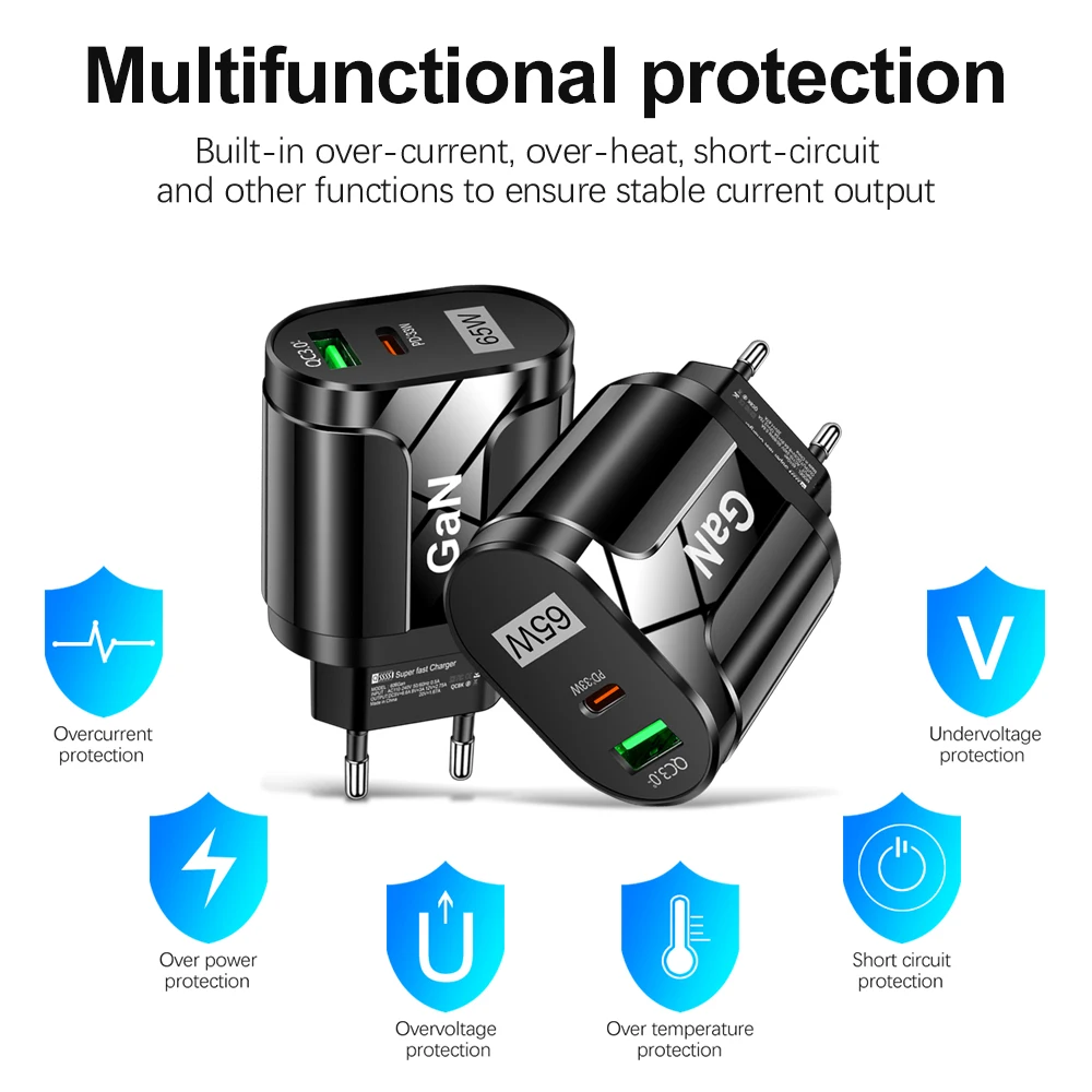 Cargador USB C GaN de 65W, carga rápida, enchufe coreano, UE, EE. UU., PD USB-C TypeC, cargador USB rápido para iPhone 14, Xiaomi, Samsung, Macbook - imagen 4