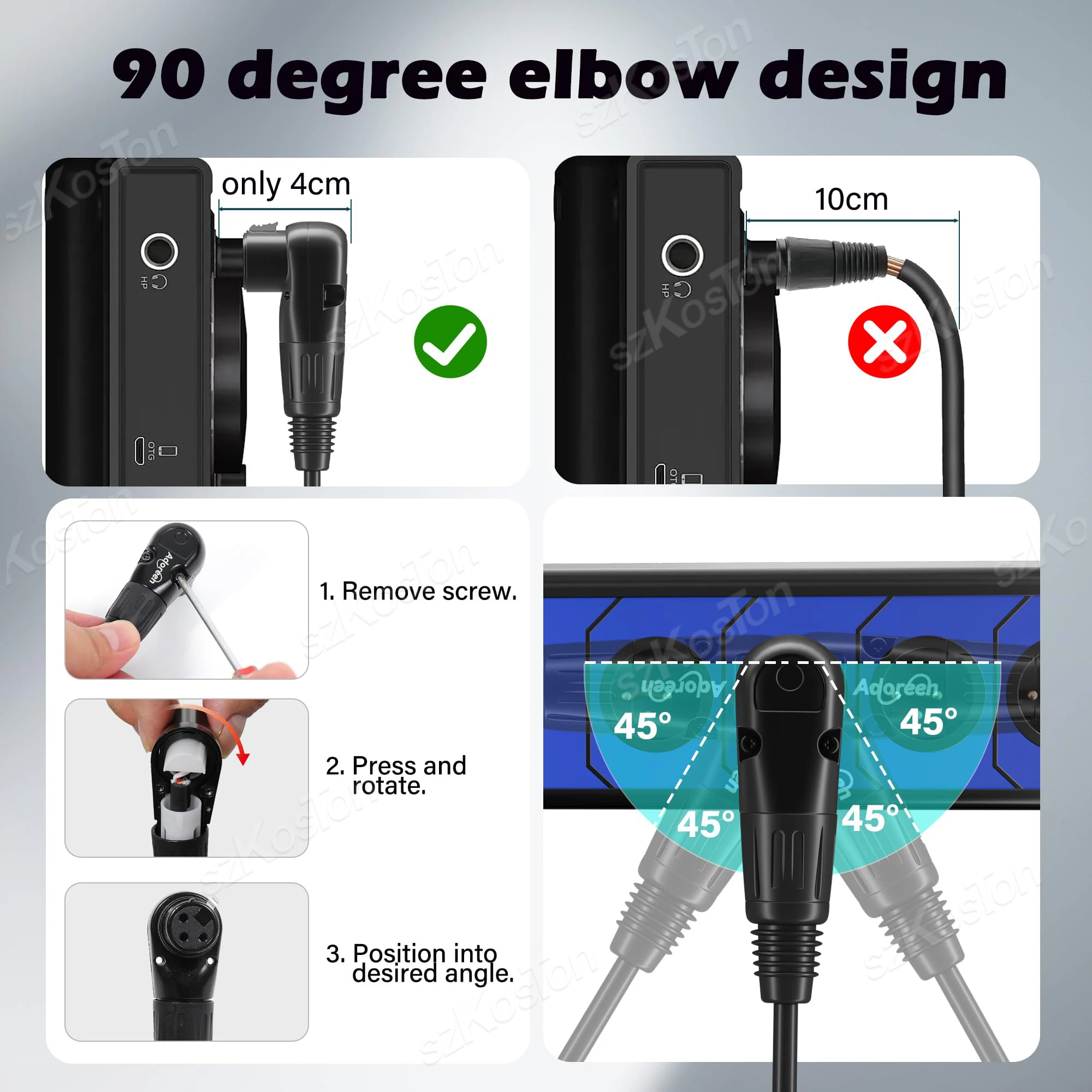 Cable XLR macho a hembra de ángulo recto, Cable de micrófono de ángulo ajustable, Cable conector de micrófono de 3 pines para mezclador de DJ de Audio de estudio - imagen 2