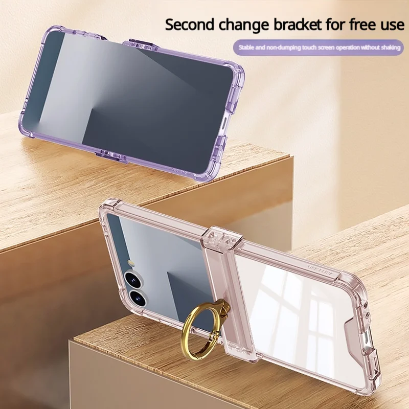 Funda de teléfono con soporte de anillo de lujo, protección de bisagra Armpr para Samsung Z Flip 7 6 5 Z Flip7FE, cubierta trasera transparente a prueba de golpes - imagen 2