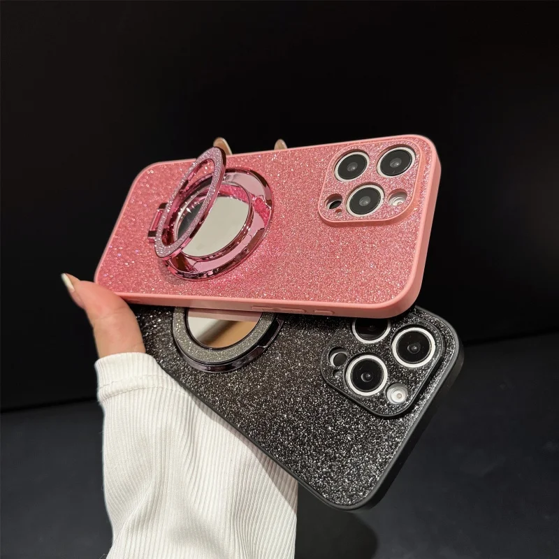 Nuevo con espejo de tocador, funda de teléfono con soporte magnético con purpurina de mampostería para iPhone 16 15 Plus 14 13 12 11 Pro Max Magsafe TPU - imagen 3