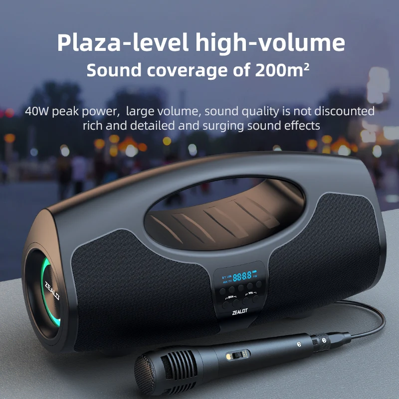 ZEALOT-P1M Altavoz Bluetooth portátil para Karaoke de 40W con IPX5 resistente al agua, mango cómodo, iluminación controlable, micrófono, exterior - imagen 5