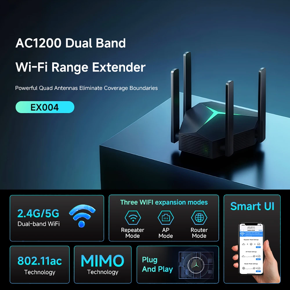 Kebidumei AC1200 repetidor WiFi inalámbrico amplificador 2,4/5G WiFi amplificador de señal extensor enrutador para red doméstica Wlan WiFi repetidor - imagen 2