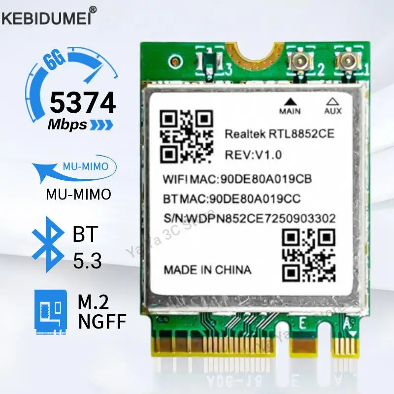 Adaptador sin cables WiFi 6E RTL8852CE M.2 NGFF Bluetooth 5,3 5374Mbps 2,4G/5G/6GHz 802.11AX para escritorio/portátil para Win10/11