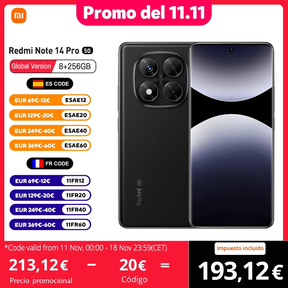 Xiaomi Redmi Note 14 Pro 5G Versión Global 256GB/512GB MTK Dimensity 7300-Ultra Pantalla AMOLED 6,67" 120Hz, Cámara principal 200MP OIS, IP68, NFC, Sin Cargador