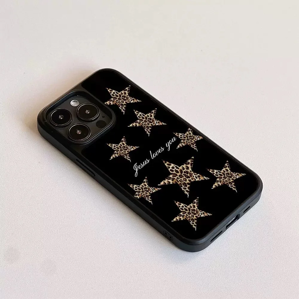 Ins-funda de teléfono epoxi con borde negro y estrellas con estampado de leopardo, funda de teléfono anticaída de TPU para iPhone XR/11/12/13/14/15/16/17 Pro Max - imagen 4