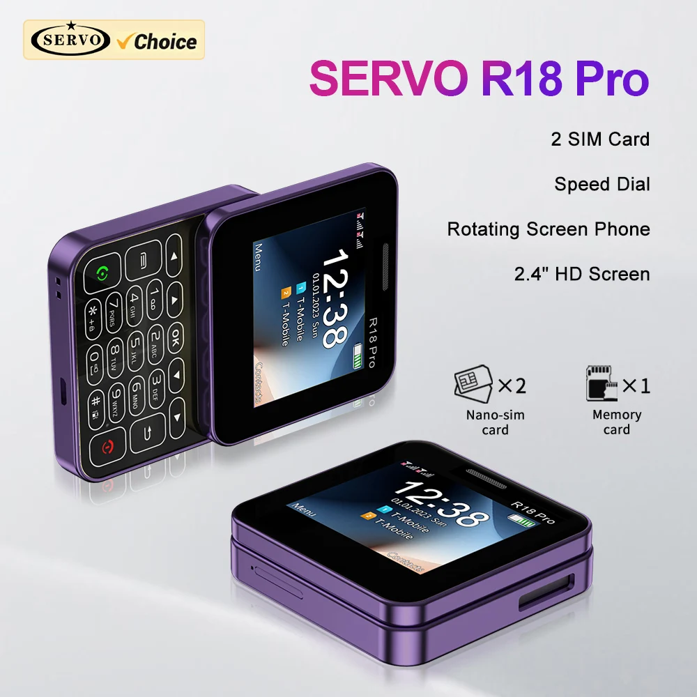 Nuevo SERVO R18 Pro pantalla giratoria Mini teléfono móvil linterna de lista negra voz mágica 2,4 "botón deslizante teléfonos móviles 2 SIM en espera