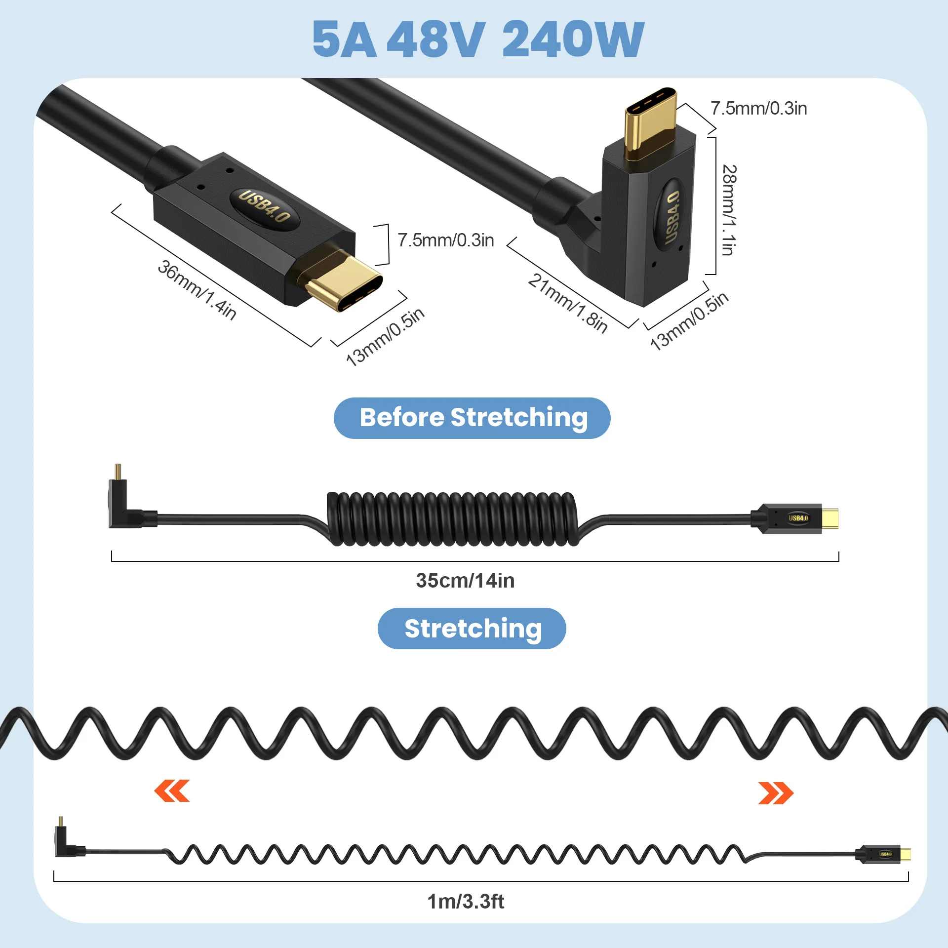 Cable retráctil USB4 de doble puerto tipo C con resorte, 240W (48V/5A), 8K, 60Hz, Cable para ordenador portátil Thunderbolt, 40Gbps, PD Coaxial de alta velocidad, 1,2 m - imagen 5